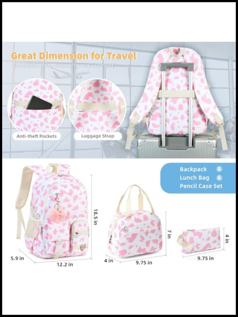 3-in-1 Girls School Backpack Set with Lunch Box Pencil Case, Waterproof Nylon, - Picture 3 of 6
